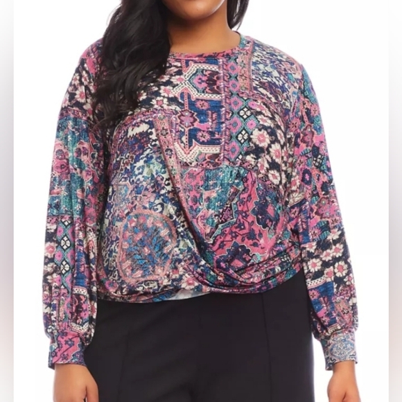NWT Karen Kane Women's Plus Drape Front Long Sleeve Top: Multi Print: Size- 3X - Picture 1 of 12